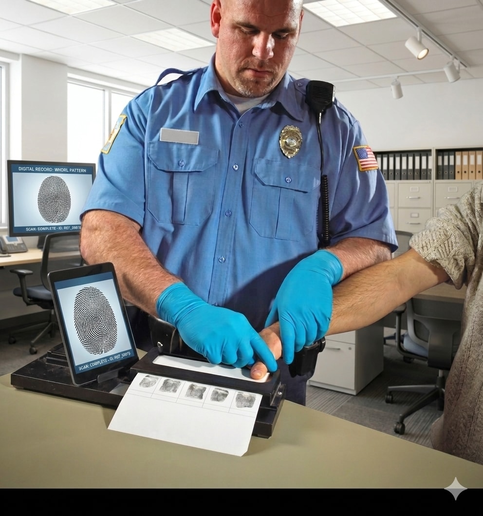 Law enforcement officer processing fingerprints for pre-employment background screening